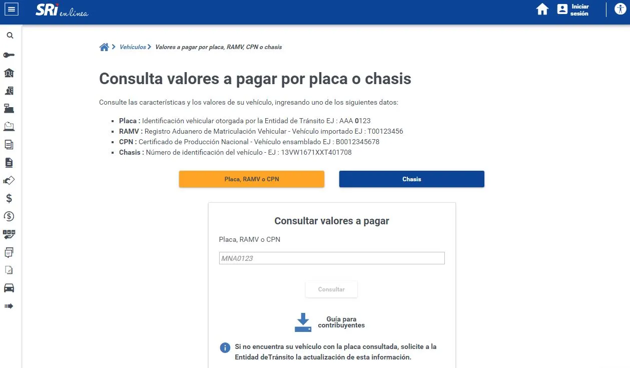 SRI Consultar valor a pagar matrícula vehicular ANT